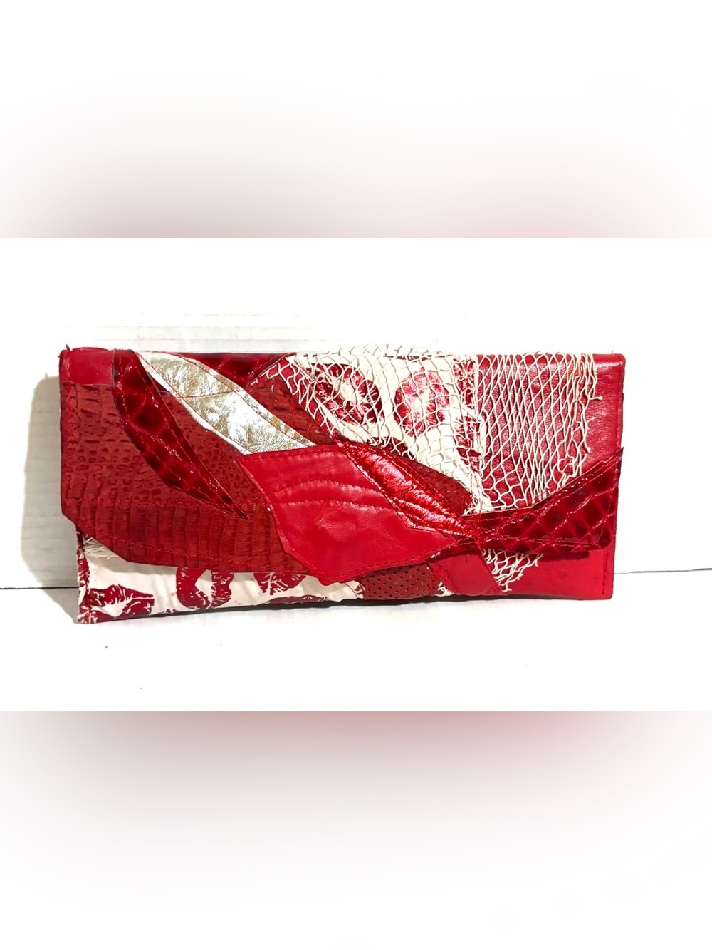 Red Patchwork Leather Evening Clutch - Women's Wristlet